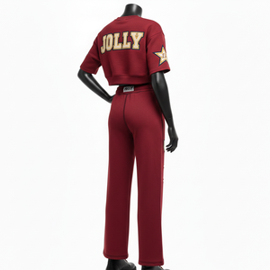 Conjunto de Pantalones y Top Corto de Felpa Francesa de Algodón de 300 GSM para Mujer, Color Granate, con Parche de Chenilla y Logotipo Personalizado - Product Image 5