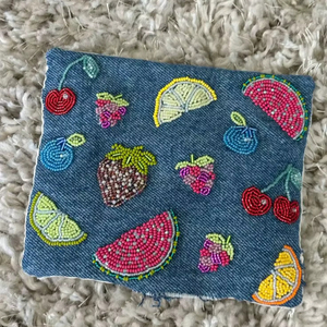 Handmade Fruit Beaded Coin <b>Purse</b> Denim Zipper Pouch Strawberry Cherry Lemon Design Mini Wallet <b>Small</b> Beaded <b>Purse</b> Gift - Product Image 1