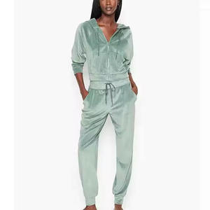 Conjunto Deportivo de Terciopelo para Mujer, a la Moda, con Capucha, Cierre de Cremallera, Pantalones Largos, Manga Tres Cuartos, Color Sólido, Estilo Casual de Otoño - Product Image 1