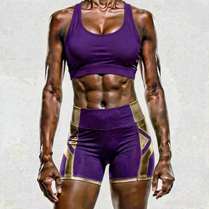 Conjunto de Yoga de 2 Piezas con Bloques de Color, Shorts de Cintura Alta y Top Corto con Espalda Cruzada, Transpirable, de Spandex y Poliéster - Product Image 1