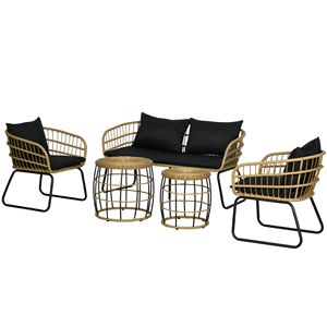 Set di mobili da giardino in rattan resistente alle intemperie, 5 pezzi, con tavoli impilabili e divanetto imbottito, nero - Product Image 1