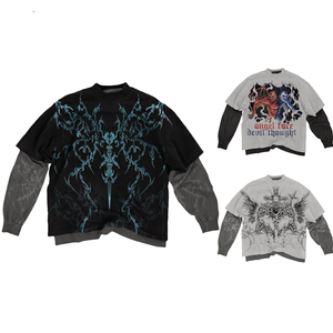 Streetwear Custom Men Cotton Oversized Acid Wash Screen Print Double Layer Long Sleeve T-shirt Heavy Weight 300gsm t Shirt - Product Image 3