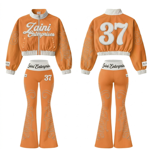 Traje Cortavientos para Mujer, 145 GSM, Poliéster Ligero, Chaqueta Corta Naranja y Blanca, Pantalones Acampanados, Logotipo Personalizado, OEM, ODM - Product Image 1