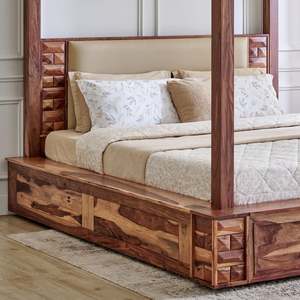 Solid Wood King Canopy <b>Bed</b> Teak Upholstered Headboard Traditional Design Four Poster <b>Frame</b> - Product Image 3