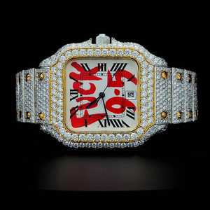 Reloj de hombre clásico con esfera romana y fecha, completamente cubierto de diamantes de moissanita redondos en dos tonos, oro y blanco, personalizado. - Product Image 1