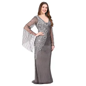 Robe de soirée de luxe en argent ardoise, richement ornée de perles de verre, robe longue avec manches longues en forme de cloche pour bal de promo, soirée formelle - Product Image 4