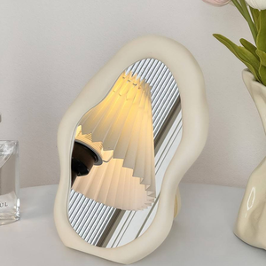 กระจกตั้งโต๊ะแบบพับได้สองด้านทรงรีไม่สมมาตรสีครีมคุณภาพสูงพร้อมไฟส่องสว่างสำหรับใช้ในบ้านและหอพัก - Product Image 6