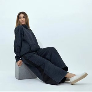 Conjunto de Sudadera Oversize y Pantalones Anchos con Lavado Ácido para Mujer, Chándal de Dos Piezas con Lavado Vintage, Ropa Casual Holgada para Descansar - Product Image 1