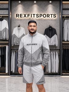 ชุดแจ็คเก็ตและกางเกงขาสั้นไนลอนแบบกำหนดเอง REXFIT SPORTS 2026 สำหรับผู้ชาย ชุดกีฬาน้ำหนักเบา เสื้อกันลม ชุดวอร์ม สตรีทแวร์ - Product Image 1