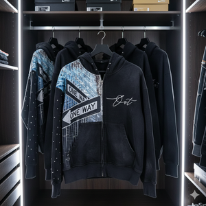 Sudaderas con capucha de alta calidad, personalizadas con pedrería, logotipos serigrafiados, estilo streetwear, corte holgado, efecto desgastado por el sol, con cremallera. - Product Image 6