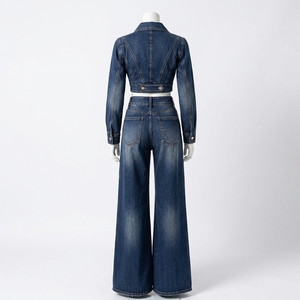 Conjunto de Dos Piezas de Mezclilla Azul Oscuro para Mujer, Chaqueta Corta y Pantalones Anchos, Ropa de Moda Urbana Personalizada al por Mayor - Product Image 4