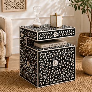 Table de chevet bohème en résine avec incrustation d'os et étagère, table d'appoint luxueuse au design floral, table d'appoint de designer, meuble d'appoint haut de gamme - Product Image 6