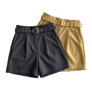 Shorts en tissu tricoté taille haute pour femmes, couleur unie, avec ceinture, coupe décontractée, 100% coton, logo personnalisé, blanc, vert - Product Image 5