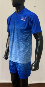 Custom Men's Blue Soccer Jersey Set With Geometric Pattern V-Neck Short Sleeve Quick Dry Teamwear Uniform - Product Image 4
