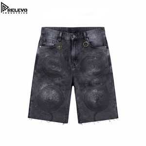 Jorts en jean délavé foncé de haute qualité avec imprimé boussole astrologique gravé au laser, et accessoires anneau amovibles - Product Image 1