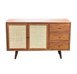 Midcentury Modern Solid Wood <b>Sideboard</b> with Flat Panel Rattan Doors and 3 Drawers Living Room <b>Storage</b> Furniture - Product Image 4