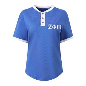 Camiseta Henley Azul Premium Zeta Phi Beta para Mujer, Manga Corta, Ropa de la Hermandad Griega, Letras Bordadas, Corte Elegante - Product Image 1