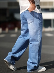 Jeans de Mezclilla Anchos con Tinte Vintage para Hombre |   Pantalones holgados de mezclilla azul lavado |   Pantalones Casuales de Pierna Recta para Verano, Ecológicos - Product Image 4