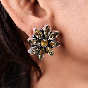 <b>Crystal</b> Rhinestone Bezel Setting <b>Stud</b> <b>Earrings</b> Brass Antique Silver Plated Flower Bohemian Style Women's Wholesale Bulk Supplier - Product Image 3