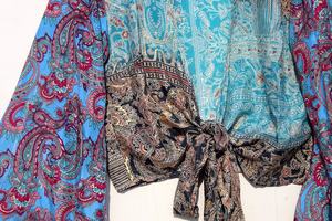 Nueva llegada de seda hecha a mano verano campana manga Crop Top blusa pura seda Patchwork Crop Top seda Wrap Top para mujer - Product Image 2