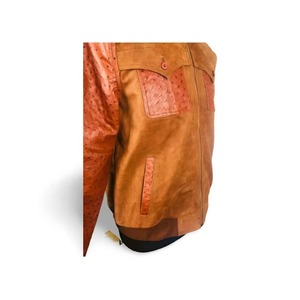 Veste en cuir de vachette marron pour homme, cuir de qualité supérieure embossé d'autruche, col rabattu, fermeture éclair, double boutonnage, poches - Product Image 4