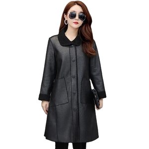 Women's Long Real Leather Trench <b>Coat</b> Stand Collar Zipper Closure <b>Thick</b> Warm <b>Winter</b> Outerwear Solid Color Casual Style Windproof - Product Image 5