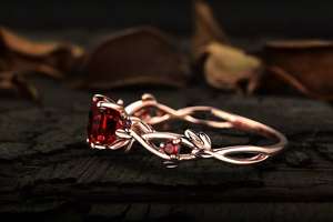 Anillo vintage hexagonal de granate, plata de ley 925, chapado en oro rosa de 14k, diseño de hoja y rama, anillo de promesa para mujer - Product Image 6