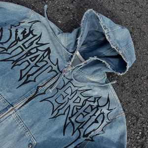 Streetwear Custom Washed Denim Zipper up Hoodies for Men Custom Print logo Men's Denim Hoodie - Product Image 3