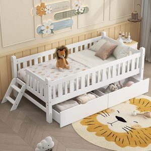 Letto a piattaforma bianco a una piazza e mezza con sponda di sicurezza e 2 cassetti per bambini, per camerette (ETA 2.17) - Product Image 2