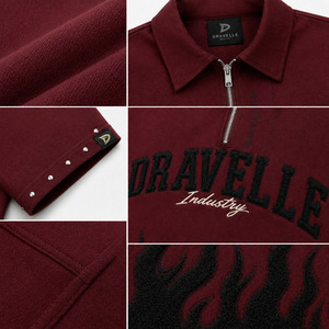 Men’s Oxblood Cropped Zip <b>Shirt</b>, Y2K Boxy Fit Tee with Black Chenille <b>Flames</b> & Silver Stud Cuffs - Product Image 4