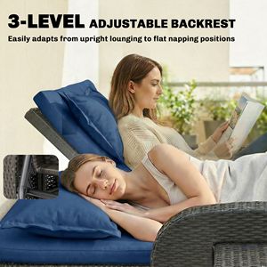 Navy Blue Patio Rattan Loveseat Daybed with Adjustable Backrest <b>Side</b> <b>Tables</b> Outdoor Storage Ottoman Garden <b>Sofas</b> - Product Image 5