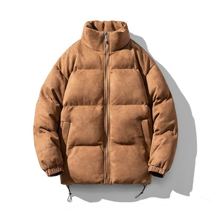 <b>Men's</b> Brown <b>Suede</b> Puffer <b>Jacket</b> Stand Collar Zipper Closure Windproof Thick Winter Casual Coat Regular Length Loose Fit - Product Image 1