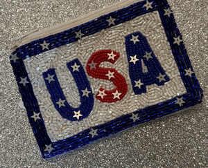 USA Letter Beaded Pouch Star Pattern Coin Purse Zipper Wallet Red White Blue Glass Beads Small Handmade Beaded USA Coin Pouch - Product Image 1