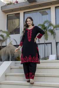 Designer Embroidery Work Blooming Georgette Black <b>Kurti</b> With Pant And Blooming Georgette Dupatta Set - Product Image 3