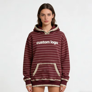 Women's Washed Striped Pullover Hoodies Custom Personalized Contrast Trim Distressed Detail Casual Vintage Hoodies - Product Image 1