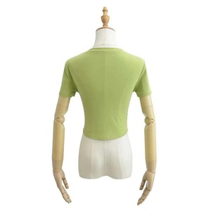 Camiseta Corta de Manga Corta con Cuello Redondo para Mujer, Ajustada, de Color Sólido, Tejida, Informal, Verde - Product Image 2