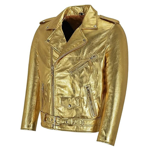Golden PU Leather Men's Moto Biker <b>Jacket</b> Turn-down Collar Zipper Closure Slim Fit Regular Length Autumn Style - Product Image 3