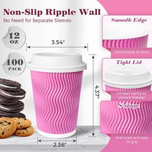 Confezione da 100 Bicchieri di Carta Isolati a Parete Ondulata da 350 ml con Coperchi Rosa, 100% Usa e Getta per Caffè, Tè, Cacao, D Cups - Product Image 4