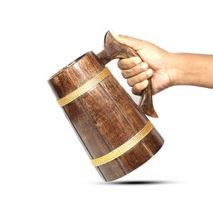Chope à bière en bois poli faite à la main, marron rétro, style traditionnel - Product Image 4