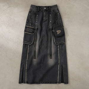 Rebel Cute Utility Denim Skirt for Women Blue Black Y2K Maxi Cargo with Detachable Pouch Gothic Streetwear Details Summer/Winter - Product Image 6