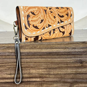 Portefeuille en cuir véritable sculpté à la main de style occidental avec motif floral, nouveau sac à main de créateur pour femme avec dragonne détachable, cadeau pour elle - Product Image 5