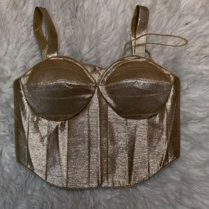 Metallic Gold <b>Satin</b> Woven Breathable Short Winter Wedding Corset <b>Blouse</b> Top - Product Image 1
