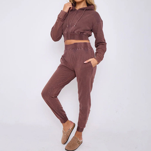Premium Acid Wash Joggers Set for Women Custom Street Wear Patch Embroidery <b>Cropped</b> <b>Zip</b>-<b>up</b> Hoodie Tracksuits Winter Collection - Product Image 1