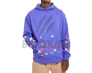 Sudadera con Capucha Morada para Hombre, Diseño Pintado a Mano, Tela Francesa de Algodón, Estilo Casual para Otoño - Product Image 1