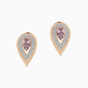 Boucles d'oreilles clous en or rose et morganite, forme goutte d'eau, serties de diamants ronds taille brillant, bijoux de luxe pour femme, pour mariage - Product Image 1