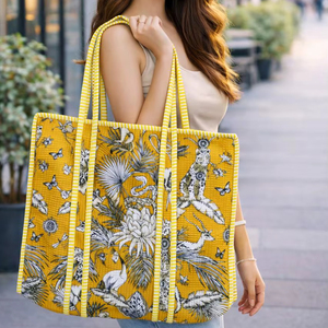 กระเป๋าโท้ทใบเล็กพิมพ์ลายบล็อกสำหรับผู้หญิง กระเป๋าถือสำหรับช้อปปิ้ง ไปเที่ยวทะเล ใช้ในชีวิตประจำวัน กระเป๋าถือแบบอินเดียดั้งเดิม สวยงาม หรูหรา - Product Image 1