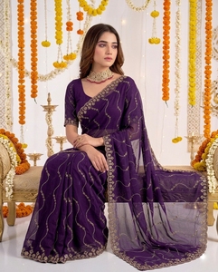 Sari de Seda Morado con Bordado Dorado, Traje Tradicional Indio para Bodas, para Mujer, Largo hasta el Suelo, Corte Regular, Protección Solar - Product Image 6