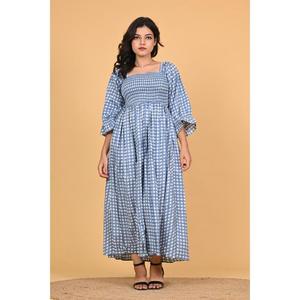 Robe longue d'été pour femmes, fabriquée à la main en Inde, 100% coton, écologique, à carreaux, style bohème, à volants, manches longues - Product Image 3