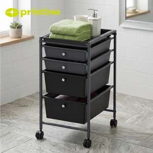 Minimalist 4-Tier <b>Storage</b> Cart with Wheels Black Plastic <b>Drawers</b> on Metal Frame for <b>Office</b> Organization - Product Image 5