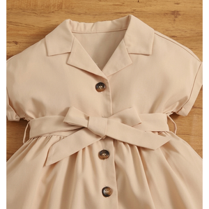 Toddler Girls Beige Button-Front Shirt Dress with <b>Waist</b> Bow & <b>Chain</b> Detail - Product Image 3